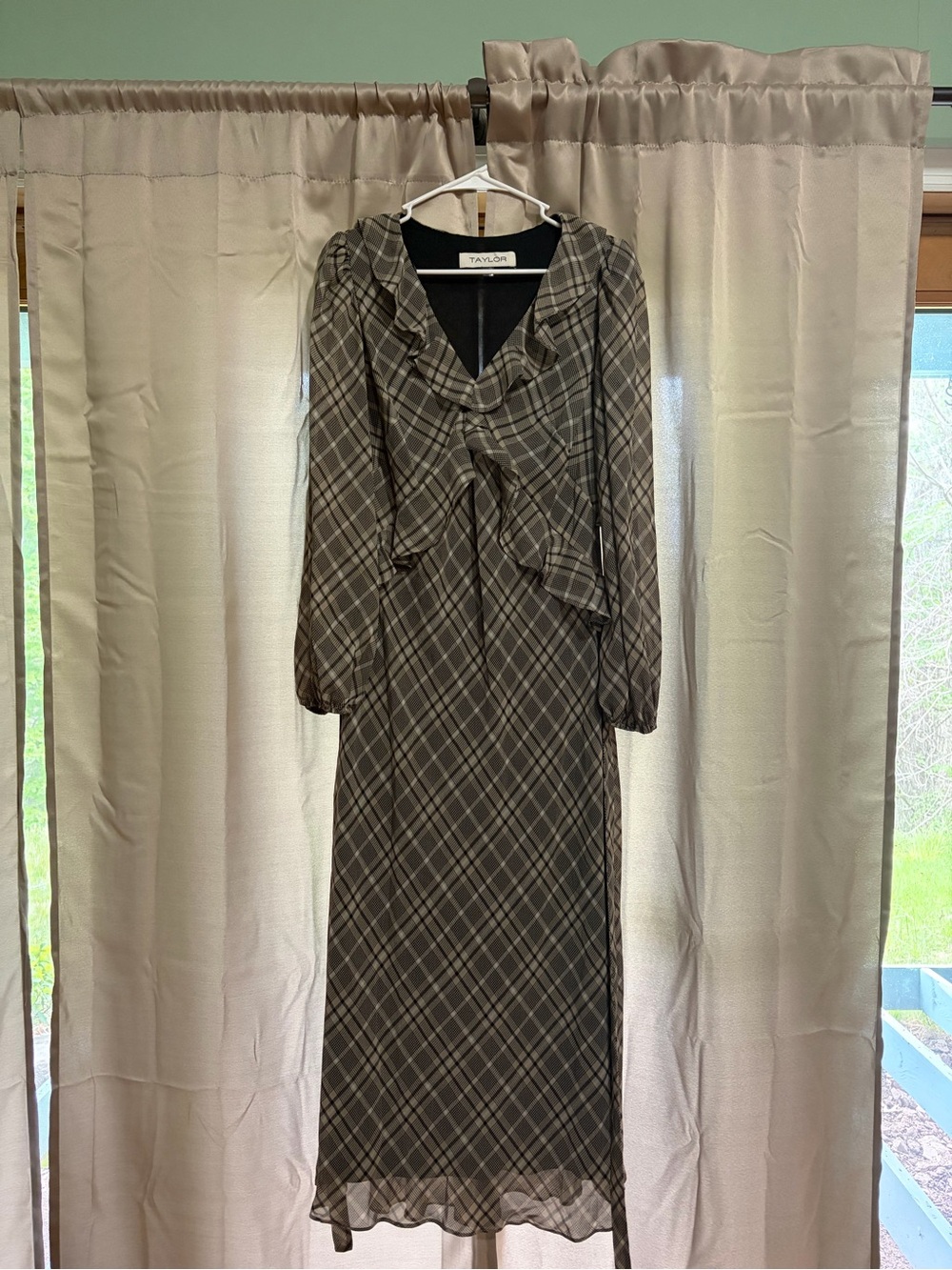 Taylor Olive Plaid Ruffle-Front Maxi Dress